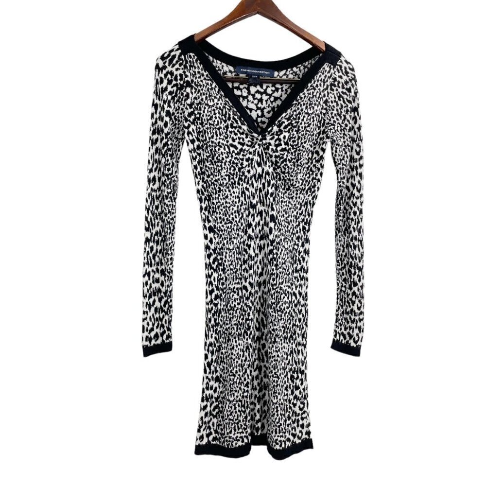 French Connection Black White Leopard Print V-Neck Dress Womens Size 8 Stretch
